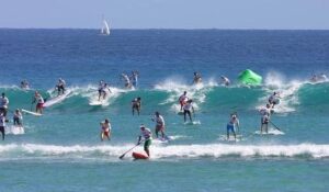 Des Paddleurs sur une vague